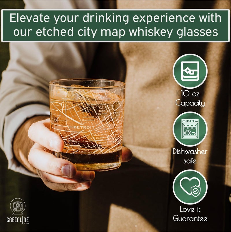 Greenline Goods Whiskey Glasses - 10 Oz Tumbler Set for Detroit, Michigan lovers, Etched with Detroit Map Old Fashioned Rocks Glass - Set of 2 - Image 5